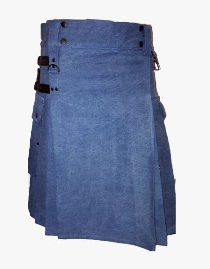 Light Blue Denim Kilt with Leather Straps and Multiple Pockets