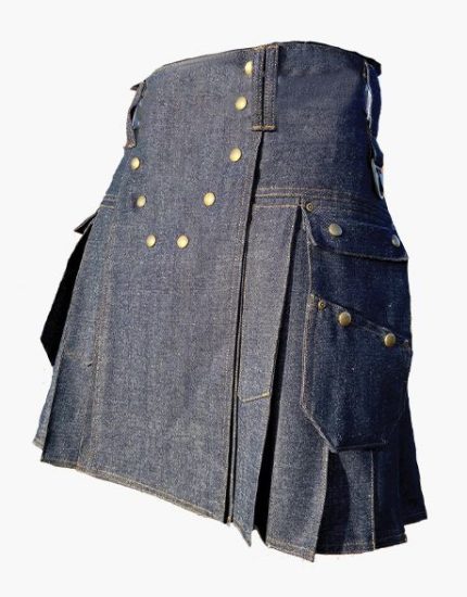 Classic Blue Denim Kilt with Cargo Pockets and Brass Studs