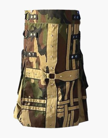 Men’s Gothic Woodland Camo Hybrid Kilt with Khaki Accents