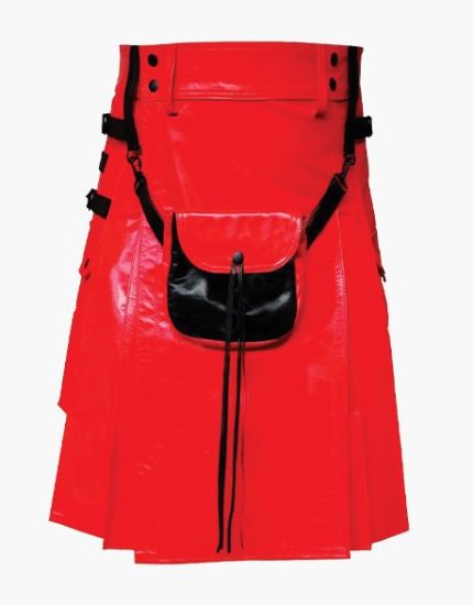 Men's Red Leather Kilt with Black Sporran and Adjustable Straps