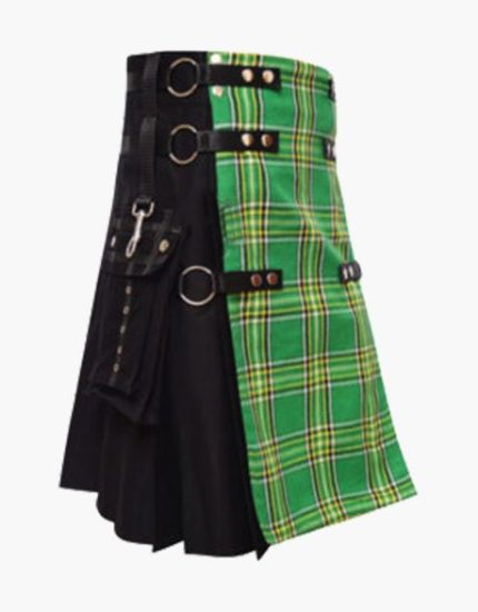 Men’s Black Hybrid Kilt with Irish Tartan Apron and Utility Features