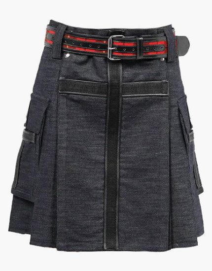 Dark Wash Denim Kilt with Black and Red Accents and Cargo Pockets