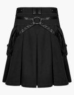 Modern Black Denim Kilt with Leather Pockets and Straps