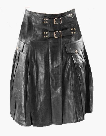 Modern Black Leather Kilt with Wide Waistband and Pleated Design