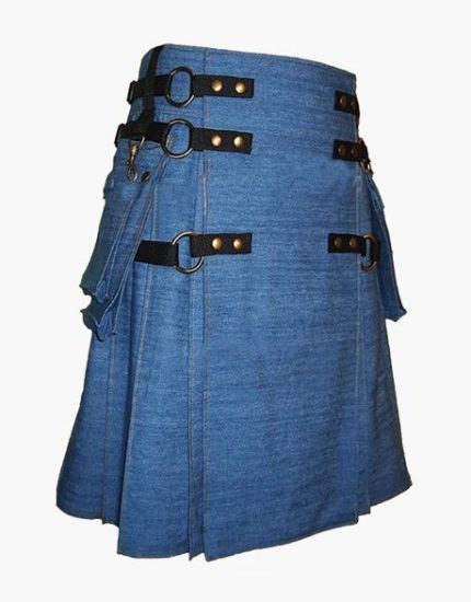 Blue Denim Kilt with Black Leather Straps, Buckles, and Cargo Pocket