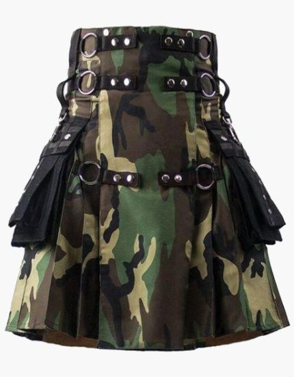 Camouflage and Black Tactical Kilt with Metal Accents and Adjustable Straps