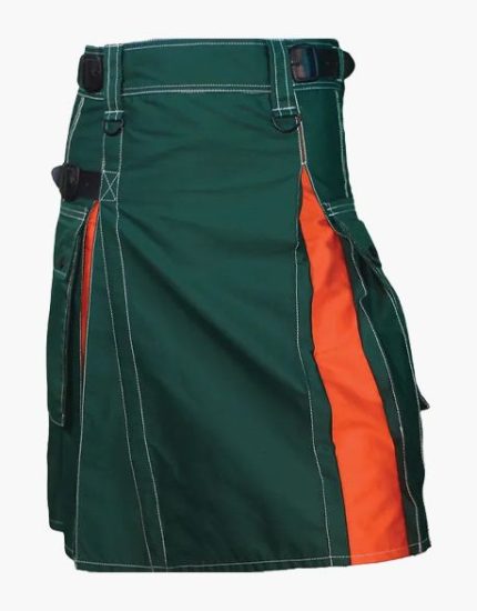 Men’s Modern Green and Orange Hybrid Kilt with Utility Pockets