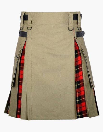 Men’s Khaki Hybrid Utility Kilt with Wallace Tartan Pleats and Cargo Pockets