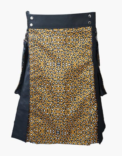 Men’s Black Hybrid Kilt with Bold Leopard Print Apron