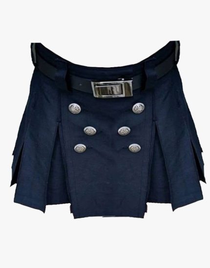 Women’s Navy Blue Short Utility Kilt with Decorative Buttons and Belt