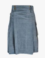 Light Wash Blue Denim Kilt with Cargo Pockets and Brass Studs