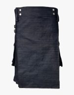 Dark Wash Indigo Denim Kilt with Leather Straps, Buckles, and Cargo Pockets