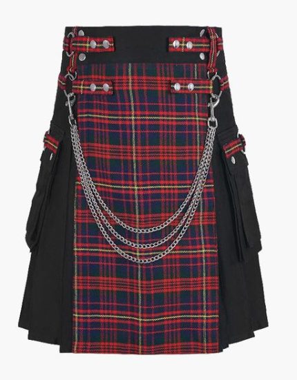 Men’s Black Gothic Hybrid Kilt with Tartan Apron and Chains