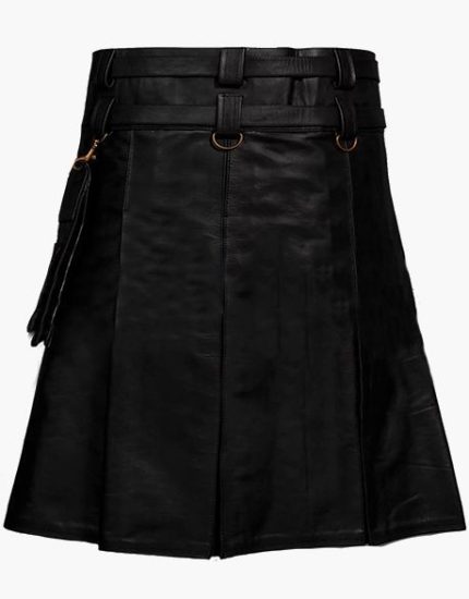 Stylish Black Pleated Leather Kilt with Buckle Straps and D-Rings