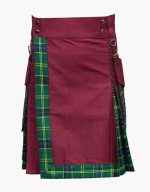 Men’s Burgundy Hybrid Kilt with US Army Tartan and Stylish Front Design