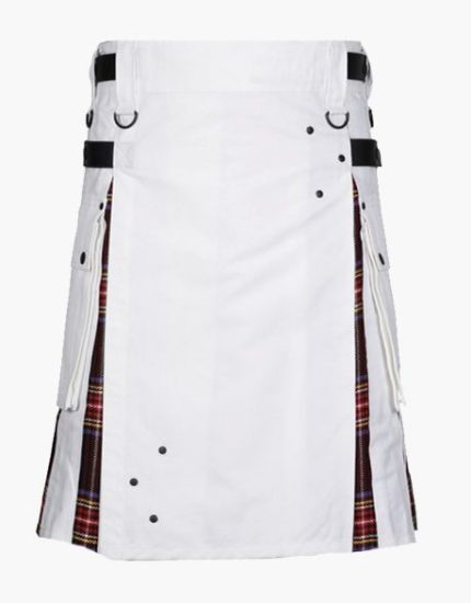 Men’s White Hybrid Kilt with Black Stewart Tartan Pleats