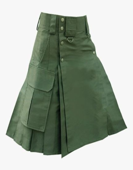 Women’s Olive Green Tactical Utility Kilt with Cargo Pockets and Adjustable Straps