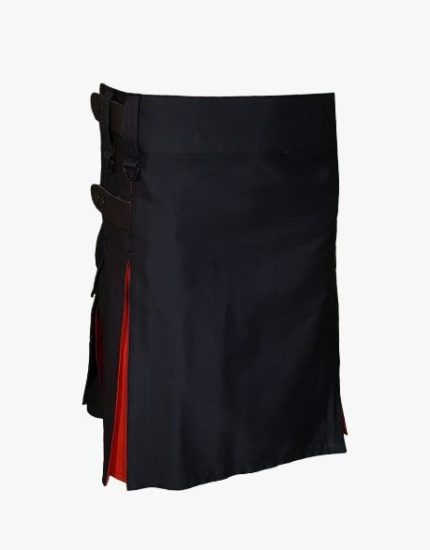 Women’s Black Utility Kilt with Bold Red Pleats and Leather Straps