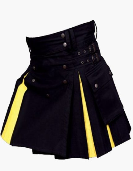 Women’s Black and Yellow Hybrid Utility Kilt with Side Pocket and Buckle Straps