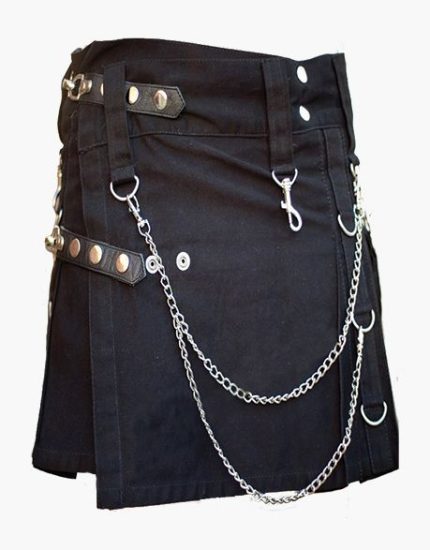 Women’s Black Gothic Utility Kilt with Chains and Detachable Pockets