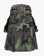 Green and Brown Camouflage Tactical Kilt with Cargo Pockets and Studs