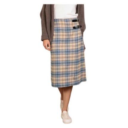 Women’s Knee-Length Tartan Skirt – Beige and Blue Plaid Skirt with Double Leather Buckle Detail