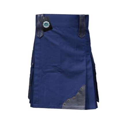 Men's Navy Blue Utility Kilt with Leather Details – Bold, Stylish, and Practical
