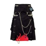 Men's Black Punk-Style Kilt with Flame Design