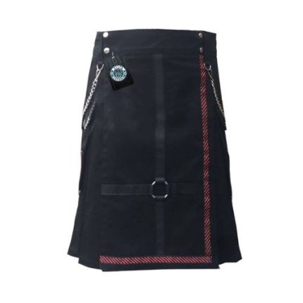 Men’s Black Utility Kilt with Red Accents & Chain Detailing – Stylish & Functional