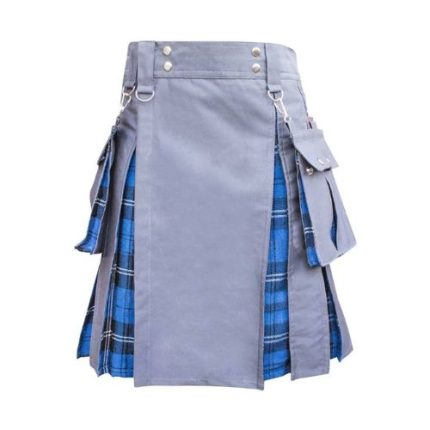 Men’s Grey Utility Kilt with Blue Tartan Lining – Functional & Stylish