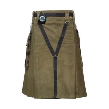 Men's Olive Green Utility Kilt with Adjustable Suspenders
