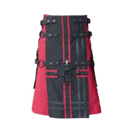 Red Gothic Utility Kilt with Cross Straps and Black Apron