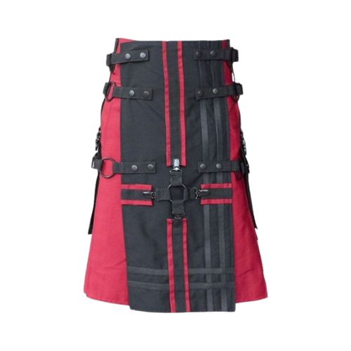 Red Gothic Utility Kilt with Cross Straps and Black Apron Red Gothic Utility Kilt with Cross Straps and Black Apron