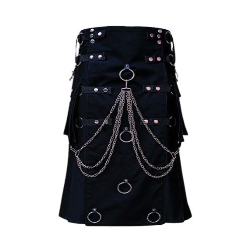 Stylish Black Utility Kilt with Decorated Apron Stylish Black Utility Kilt with Decorated Apron - Image 1