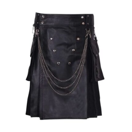 Black Leather Kilt with Silver Chains
